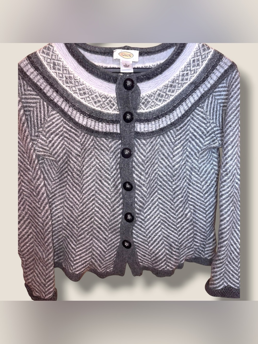 Vintage 90s Cottagecore Talbots Wool Fair Isle Chevron/Herringbone Cardigan